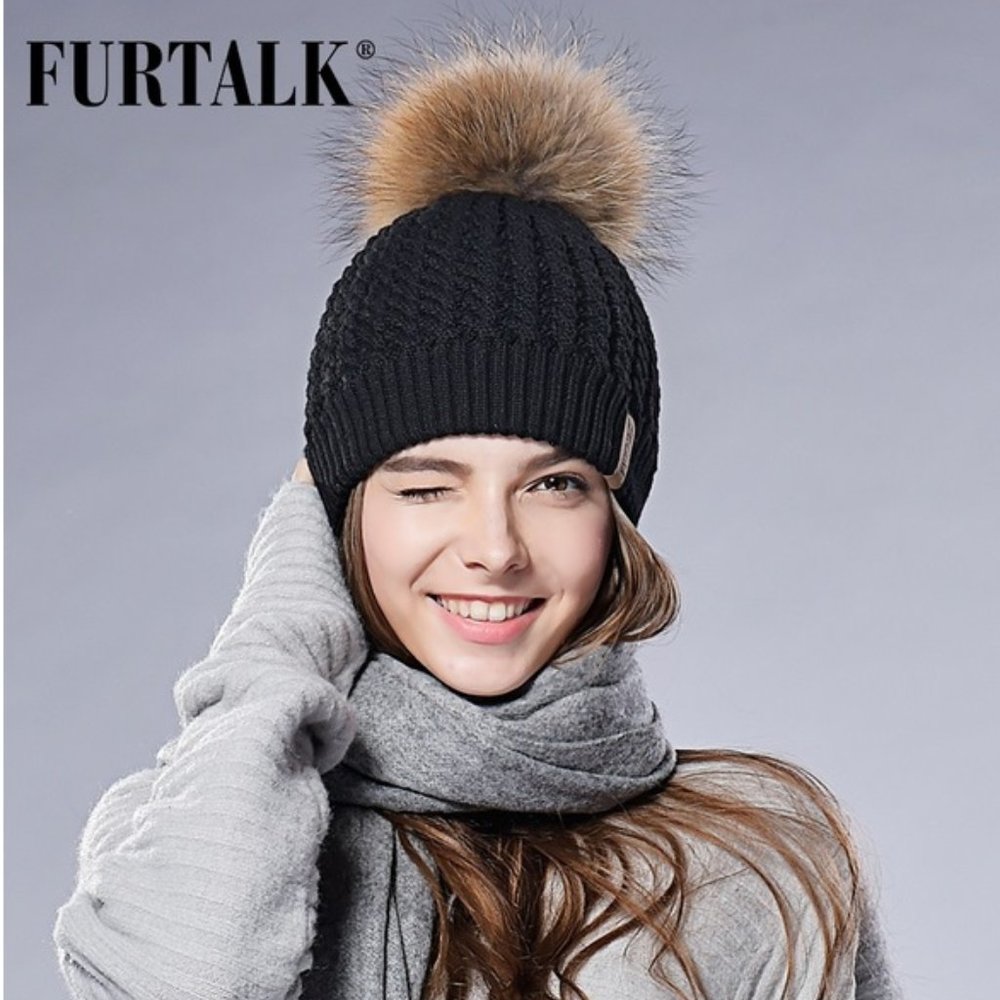 FURTALK Women Winter Real Fur Pom Pom Hat - Picture 2 of 10